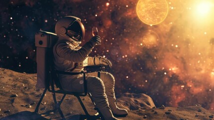 Amidst a cosmic backdrop of a nebula, an astronaut gives a thumbs up while sitting with a boombox on a dusty exoplanet surface