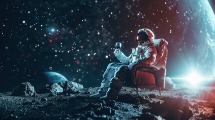 Serene scene of an astronaut in a red chair, enjoying a wine glass on a moon-like uninhabited land