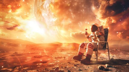 An astronaut appreciates a fine glass of wine while seated comfortably on a desolate Mars-like exoplanet