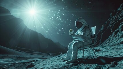 An astronaut in a spacesuit sits leisurely on a chair amidst a lunar landscape, munching popcorn against a starry sky
