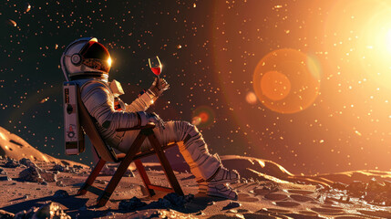 An astronaut basks in the golden hour light, sitting on a chair, wine glass in hand on a peaceful moon surface