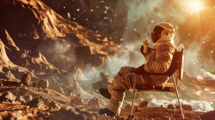 A lone astronaut enjoys a steamy cup of coffee while seated on a chair, looking over a mist-filled valley on a moon-like celestial body