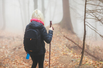 A woman hiking through a misty forest, her silhouette blending with the ethereal atmosphere of the...