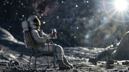 A contemplative astronaut is casually sipping wine while seated on a folding chair amidst a rocky lunar landscape with a distant sunburst effect enhancing the scene