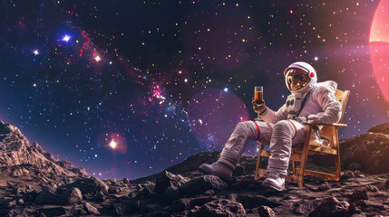 Seated on a wooden chair, an astronaut enjoys a peaceful moment with a drink on a rocky exoplanet, surrounded by sparkling cosmos