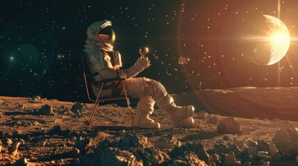 An astronaut in a white spacesuit is peacefully enjoying a glass of wine while sitting on a chair on the dusty moon surface with Earth visible in the background