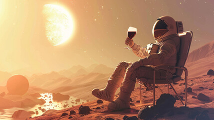 An astronaut savors a glass of wine while relaxing on a chair with a dramatic view of a glowing planet rising in the distance on an alien world