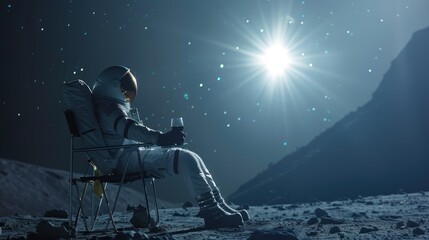An astronaut is deeply focused on their smartphone while sitting on a lunar surface, illuminated by the intense sunlight and contrasting shadows of space