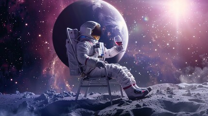 An astronaut leisurely sips on a fine wine with a majestic backdrop of Earth and a vibrant galaxy, illustrating a surreal juxtaposition of isolation and grandeur