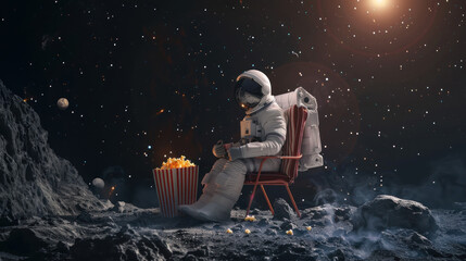 In a surreal cosmic setting, an astronaut sits with popcorn on their lap, engaged in watching an unseen spectacle, surrounded by a starlit space and floating planets