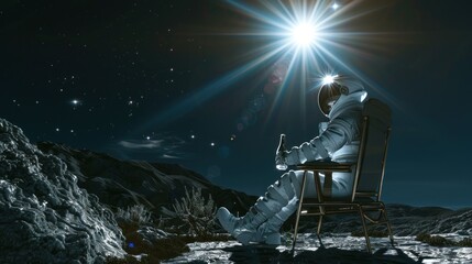 An astronaut is captured in a serene moment, enjoying a beverage under an immense moonlit sky, surrounded by the quiet of outer space
