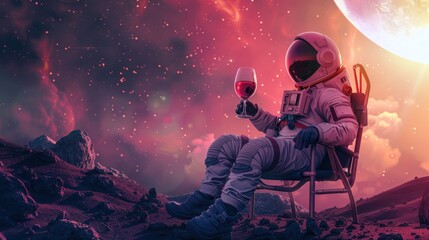 A depiction of an astronaut relaxing with wine, amidst a surreal pink universe, symbolizing escapism and other-worldly luxury