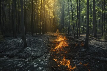 Witness the stark transformation of a vibrant forest turning into a desolate wasteland, highlighting the devastating impact of fires.
