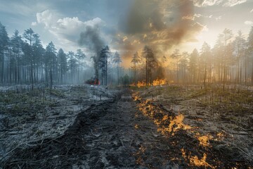 Comparison between vibrant forest and charred wasteland in split screen demonstrates devastating effects of fires on the environment.