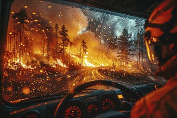 Experience the heart-pounding rush within a fire truck racing towards a raging forest inferno, fueled by action and urgency.