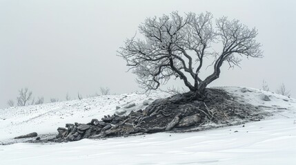 Fototapeta premium Witness the stark contrast between destruction and purity in the chilling scene of a charred tree amidst untouched snow.