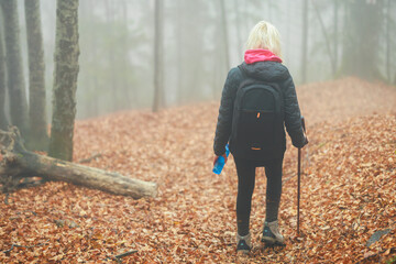 A woman with a backpack and walking stick explores the mysterious depths of a tranquil forest,...