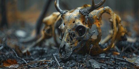 Fototapeta premium Examining the charred forest animal figurine amid ashes deeply resonates the heartache of wildlife devastation.