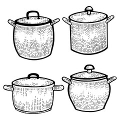 Pan casserole pot set kitchen utensils sketch engraving PNG illustration. Scratch board style imitation. Black and white hand drawn image.