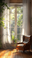 Fototapeta premium Comfortable chair next to a window with white drapes