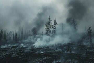 A haunting mist envelops the charred woodland beneath a somber sky, revealing the ghostly remnants of a forest fire's devastation.