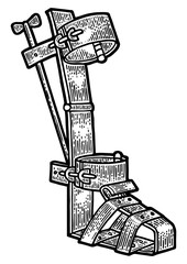 Spanish boot medieval torture device sketch engraving PNG illustration. Scratch board style imitation. Hand drawn image.