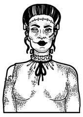 Fabulous artificial monster zombie woman sketch engraving PNG illustration. Scratch board style imitation. Black and white hand drawn image.