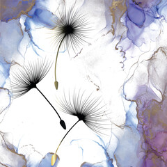 Modern creative design,  background marble texture with dandelion flowers. Alcohol ink. Vector illustration.