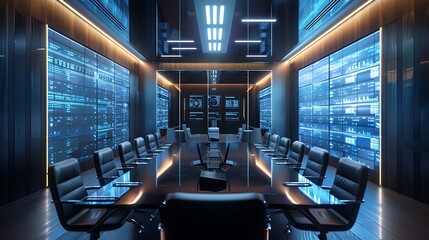 A state-of-the-art conference room with transparent screens on all walls, enabling dynamic AI-enhanced presentations and discussions - obrazy, fototapety, plakaty