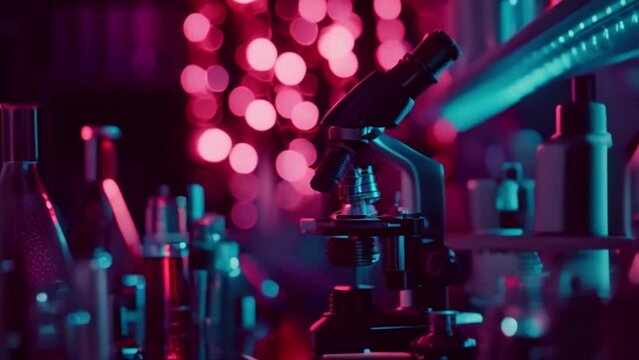A chemistry microscope is positioned next to medical testing tubes or vials in a pharmaceutical laboratory displaying DNA genome sequencing technology. 