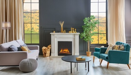 Art deco interior design of modern living room, home with fireplace and black wall.