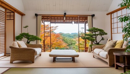 Japandi interior design of modern living room, home.