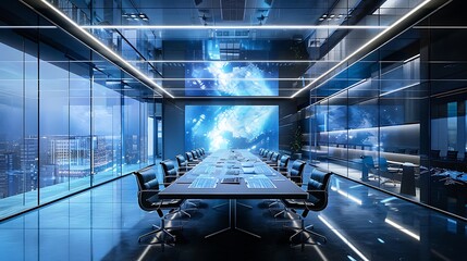 A state-of-the-art conference room with transparent screens on all walls, enabling dynamic AI-enhanced presentations and discussions - obrazy, fototapety, plakaty
