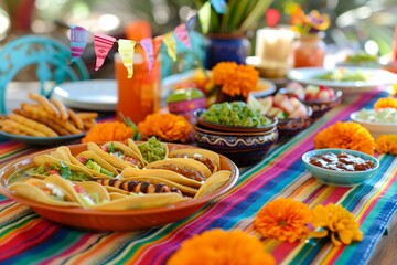 A vibrant Mexican dining setup with traditional dishes and bright textiles, ideal for articles or promotions about cultural cuisine and festivities.