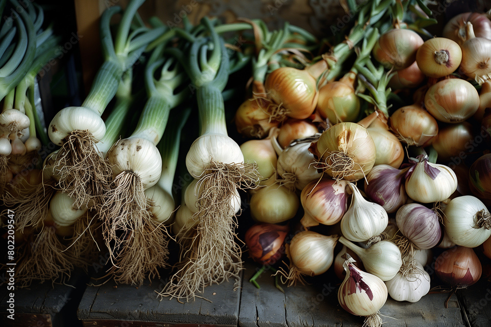 Wall mural young garlic and onion