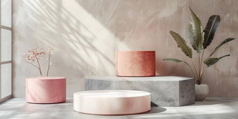 Three round podiums in different colors and sizes, with a concrete wall background, soft shadows, product photography, plant decoration, golden hour lighting, minimalist interior design