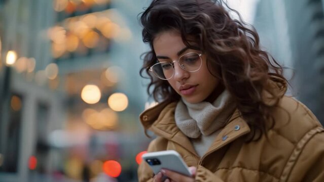 A young woman using mobile phone and messaging on smartphone easily in the world of 5G digital communication and online social media. Technology fits into daily life