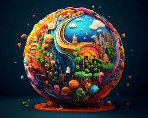 3d fantasy planet earth in colorful, rainbow, pastel color, childlike, creative dream town.
