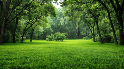 A green meadow with trees in the background,