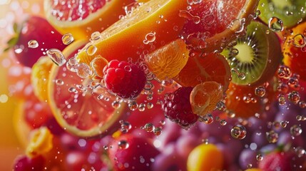 Capture the vibrant colors and textures of ripe, juicy fruits from a unique worms-eye view perspective Highlight the cascading droplets of fruit juice in a mesmerizing and mouth-watering way