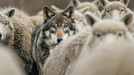 Obraz premium A lone wolf peers through a flock of sheep a metaphor for disguise and identity ai generative