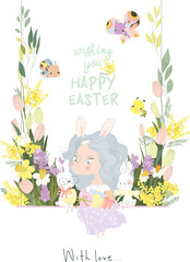 Obraz premium Cute Girl sitting with White Bunnies and holding Easter Eggs in Spring Flowers. Vector Illustration