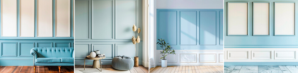 4 pictures, Dusty blue molding with three squares in the lower half of the wall. White walls for contrast and brightness. Clean, modern aesthetic with bright colors. - Powered by Adobe