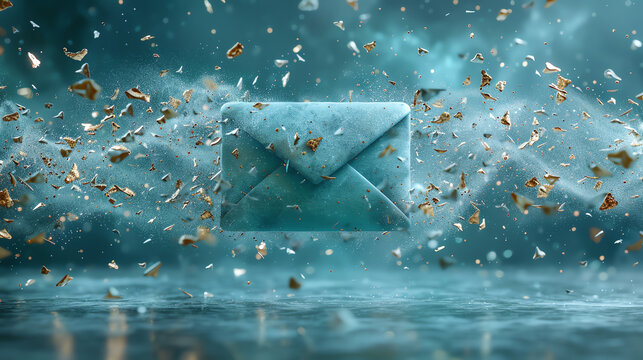 Teal envelope with golden particles floating around it on a dark blue background.