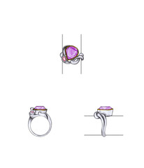 Jewelry design modern art ring set with amethyst and pink sapphire sketch by hand on paper.