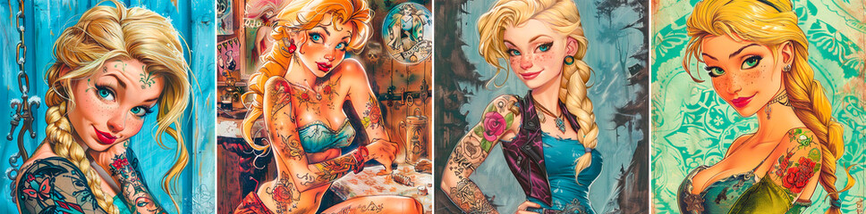 4 photos, Vintage tattooed pin-up style illustration from a 1978 magazine Retro style with...