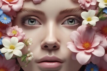 woman face is surrounded by flowers