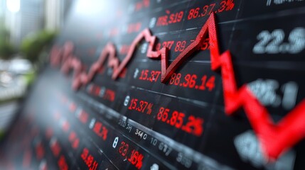 Red arrow pointing up on the stock market graph with a building background, representing the business concept of financial growth and increasing profits for a company.
