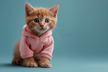 Cute cat in pink tracksuit sitting on blue background with copy space, banner for yoga studio or gym. Selective focus