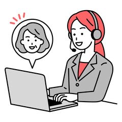 老人と会話をするノートパソコンで仕事をするオペレーターの女性